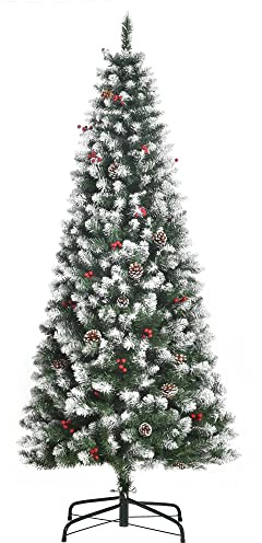 HOMCOM Árbol de Navidad Plegable 180 cm con Nieve para Interior Verde | 618 Ramas, 30 Bayas, 34 Piñas, Hojas Apertura Automática, Soporte Metálico, Decoración Navideña para Interior