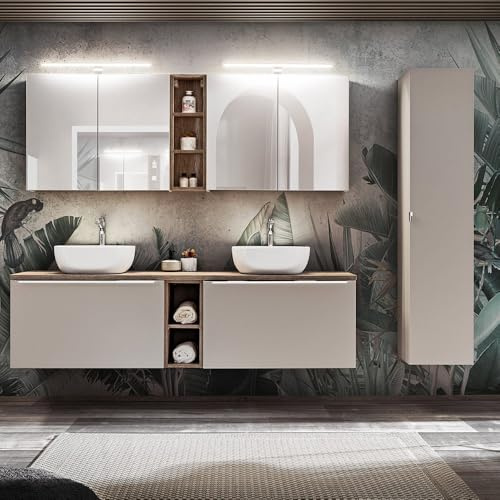 Lomadox Badezimmermöbel Badmöbel Set, Taupe mit Vintage Eiche, 180cm Doppel-Waschtischunterschrank mit 2 Waschbecken, 2 LED-Spiegelschränke, Regale, Hochschrank