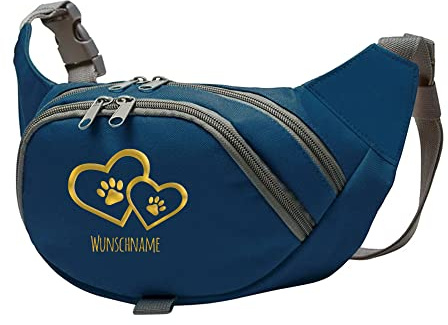 Hundesport Bauchtasche Leckerlie-Tasche mit 2 Herzen, 2 Pfoten und Wunschnamen personalisiert | Hundetraining | Leckerlie Beutel (Blau/Gold)