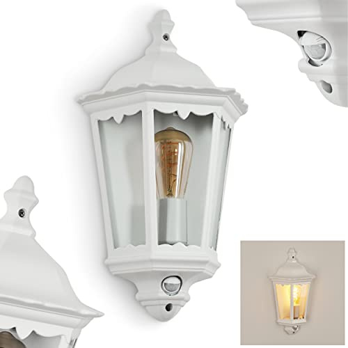 HOFSTEIN Außenwandleuchte Hongkong, Außenwandlampe mit Bewegungsmelder aus Metall/Glas in Weiß/Klar, Wandleuchte Up im Retro/Vintage-Design, E27, IP44, Eingangsbereich, Terrasse, Haustür, Hof