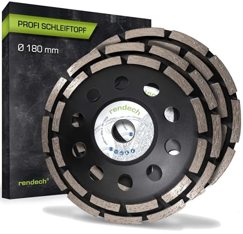 2x rendech® Diamant Schleiftopf 180 mm mit Bauhöhe 25 mm | Ideal für Fliesenkleber, Beton, Estrich, Putz, Mauerwerk uvm. - Passend für Winkelschleifer und Betonschleifer