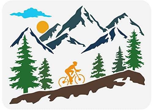 FINGERINSPIRE Bergbaum Und Radfahrer Schablone 21x29.7cm Wiederverwendbar Bergsteigen Biker Schablone Sonnenaufgang Malschablone Sportthema Schablonen Zum Malen Auf Wand, Holz, Stoff, Möbeln