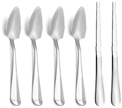 Nunnik Grapefruit Spoons Grapefruit Knife 6 Piece Stainless Steel Grapefruit Utensil Set Grapfruit knife Serrated Spoon Silver Fruit Knife Set Kitchen Gadgets for Grape Kiwi Lemon Desserts