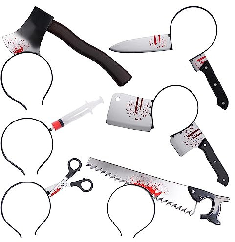 JNAWA Lot de 6 bandeaux à cheveux pour Halloween - Hache saignante, ciseaux, couteau, zombie, cosplay, accessoires de fête fantaisie pour Halloween, carnaval, bal masqué