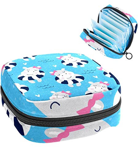 Hippo Mädchen Schwimmen Blau Wasser, Perioden-Tasche, Tampon-Aufbewahrungstasche, Tampon-Halter für Geldbörse, femininer Produkt-Organizer, Mehrfarbig, 4.7x6.6x6.6 in/12x17x17 cm