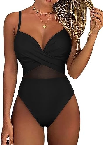 Hilor Women's Underwire One Piece Swimsuit Black Criss Cross Bathing Suit Push Up Cutout Swimwear with Mesh 12