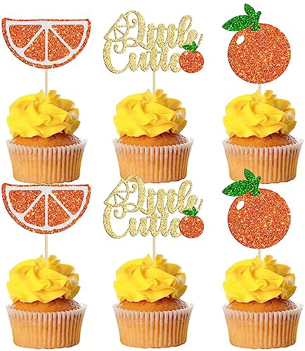 Gyufise 24Pcs Little Cutie Cupcake Toppers Glitter Fruit Orange Cupcake Picks for Citrus Theme Baby Shower Kids Boys Girls Birthday Party Cake Decorations Supplies Gold