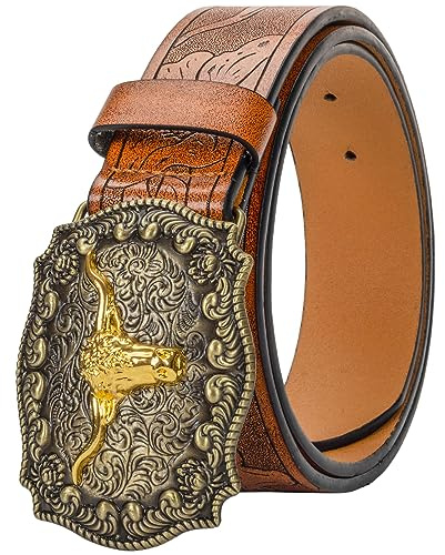 KorhLeoh Western Leather Cowboy Buckle Belt for Men Women Jeans Engraved Floral Longhorn Bull Texas Buckle Belt (33-41 waist)