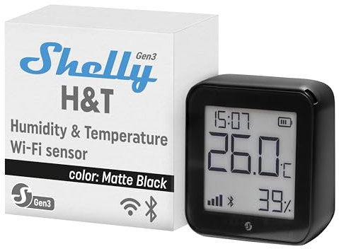 Shelly H&T Gen3 Schwarz | WLAN Smart Temperatur- und Feuchtigkeitssensor | Fernsteuerung | Smarte Szenen | Benachrichtigungen | Datenspeicherung | Kein Hub Erforderlich | Alexa & Google Home