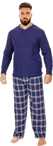 i-Smalls Conjunto de pijama cálido de invierno para hombre, algodón acanalado cepillado, parte superior a cuadros, azul marino, M