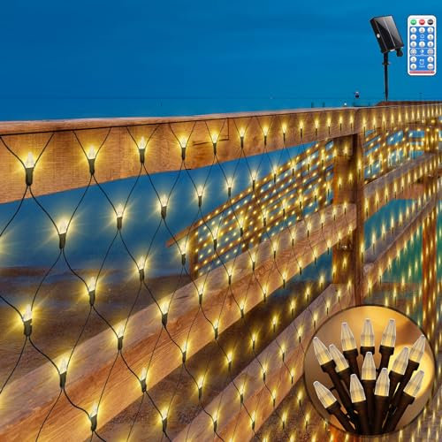 CERIAL 3X2M 200LED Lichternetz Außen Weihnachts Solar Mesh Lichterkette Netz für Bushes,Diamant LED Solar Garten Weihnachtsbaum Lichterkette mit Fernbedienung,Timer für Outdoor Christmas(Warmweiß)