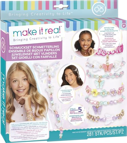 Lansay - Make It Real Schmuck Schmetterlinge - Schmuckset - Ab 8 Jahren | Perlenset - 271 Teile, 3 Anhänger, 1 Haarspange und 1 Halsband - 5 Armbänder zum Gestalten - Nylonfäden Sind Enthalten
