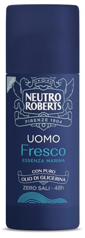 Neutro Roberts, Deodorante Stick Fresco Uomo Essenza Marina, Con antiodore, Zero Sali di Alluminio, Zero Macchie, Con Puro Olio di Glicerina, Deodorante Uomo, Dermatologicamente Testato, 40 ml, 48h