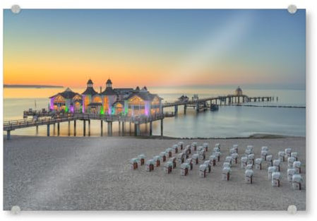 artboxONE Acrylglasbild 120x80 cm Reise Seebrücke Sellin am Abend - Bild rügen Beleuchtung Blaue Stunde