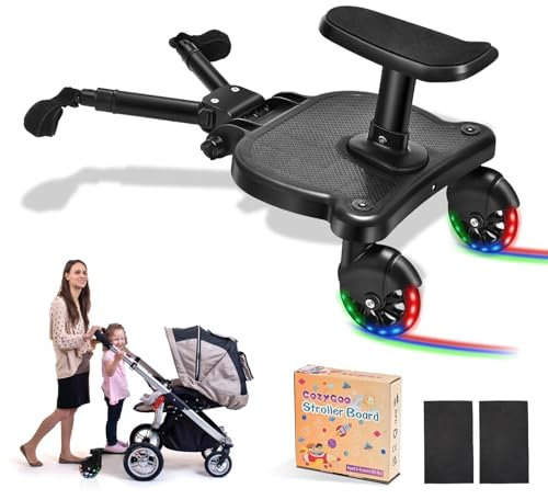 CozyGoo Buggy Board mit LED-Blitzräder, Trittbrett Mitfahrbrett Universal mit Sitz, Kiddy Board für 2-6 Jahre alte Kinder(Belastung 25 kg), Buggy Board für alle Kinderwagen