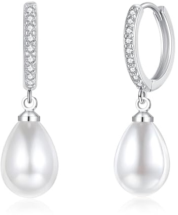 Loutade Ohrringe Silber 925 Creolen mit Anhänger, 925 Sterling Silber Damen Creolen mit Perlen Anhänger, Klein Knorpel Schlafen Perlenohrringe Kreolen Silber 925 Ohrringe Hängend für Damen Frauen
