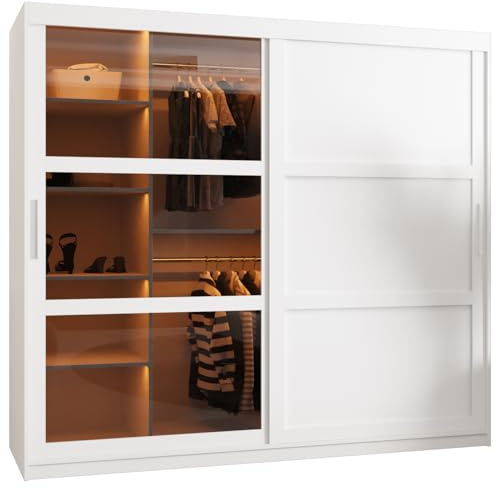 MEBLE KRYSPOL Dome 3 Schrank mit Zwei Schiebetüren, Stangen und Regalen - Aufbewahrungsschrank mit Rauchglas für Schlafzimmer, Wohnzimmer - 200x200x62cm - Weiß, Weiß, Silber