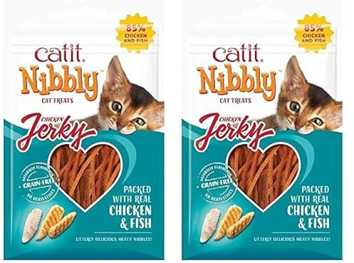 Catit Nibbly Jerky, Kaustreifen aus Hühnchen und Fisch für Katzen, 30g (Packung mit 2)