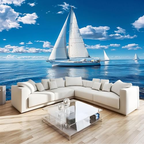 Fototapete 200x140cm XXL Wohnzimmer Schlafzimmer Wanddeko,Blau Vlies Wandtapete Poster Deko,Korridor TV-Hintergrundwand MeerweißEs Segelboot 3D Effekt Tapete