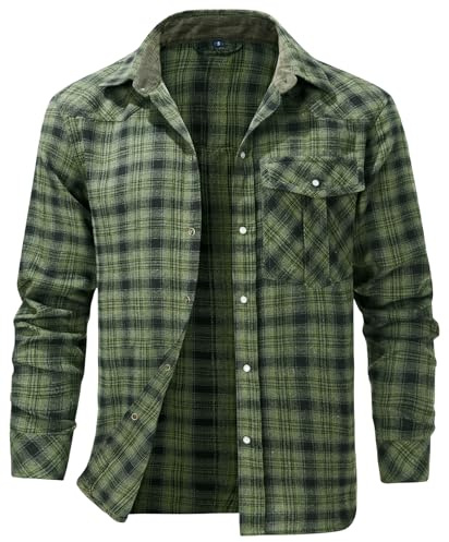AIEOE - Hombre Camisas Franela A Cuadros Hombres Delgada Mangas Largas Casual Vintage con Botones A Presión De Perla Chicos Ropa Chaqueta Camisas de Vestir Slim Primavera Otoño Invierno - XL - Verde