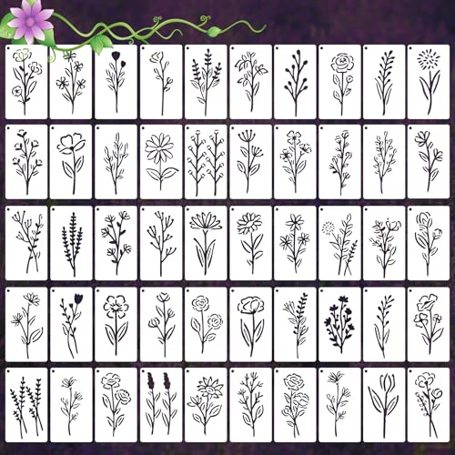 YUXIANLB 50 Stencil A Forma Di Fiore Botanico Per Artigianato Stencil Riutilizzabili Per Pittura Carta Da Parete Fiori Di Campo Set Di Stencil Per Fai Da Te Album Di Ritagli Decorazioni