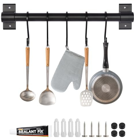 YILANJIN Rail de suspension pour ustensiles de cuisine avec 5 crochets – Support mural noir pour salle de bain