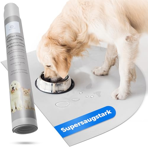 Miggo® Napfunterlage halbrund 70x100 cm Grau XXL – saugfähig | Für Hund & Katze | Kunstleder-Optik | Bodenschutz für Parkett, Laminat, Fliesen | Futtermatte für Näpfe & Trinkbrunnen