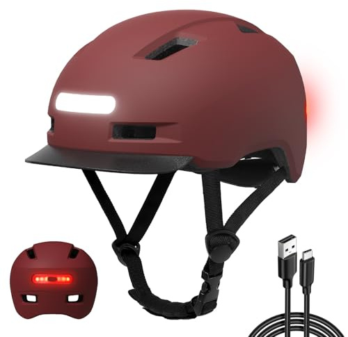 Shinmax Fahrradhelm Herren Damen, Helm Fahrrad mit USB Licht 5 Modi Fahrradhelm mit Visier, Mountainbike Helm Rennradhelm Erwachsen für Scooter Urban Pendler Dark-red L