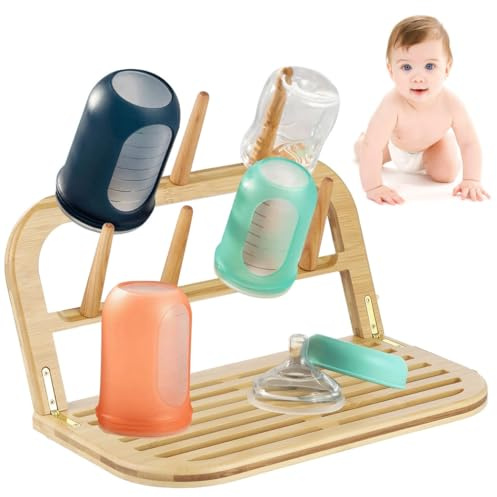 SWEWARM Bamboo Baby Bottle Drying Rack, Wooden Multi-Layer Organizer for Bottles, Pacifiers, Cups, and Wine Glasses, Space-Saving Design