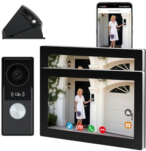 Videocitofono 2 fili WiFi con Schermo Touch Screen a Colori da 7, 1080p e Audio Bidirezionale e Sblocco Remoto per Villa con 1 telecamera e 2 monitor