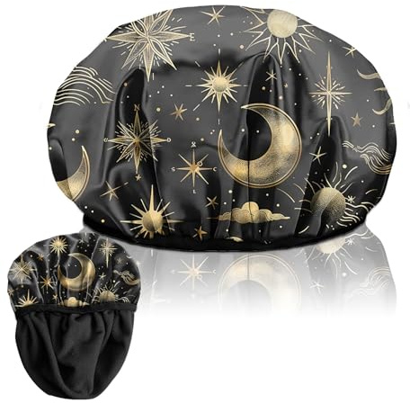 Deokke Duschhaube, wiederverwendbar, dreilagig, elastisch, wasserdicht-Luxus Duschhaube mit Terrystoff-Futter zum Haar trocknen, niedlich für Frauen und Mädchen (F10-Sonne Mond)