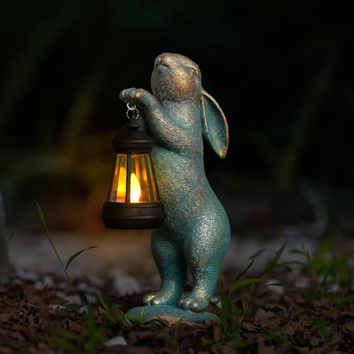 KALDJKS Hase Deko Gartenfiguren, Kaninchen Deko Gartenfigur Skulptur, Wasserfeste Gartenleuchte, Schmetterlinge Gartendeko für Draußen Rasen Terrassen