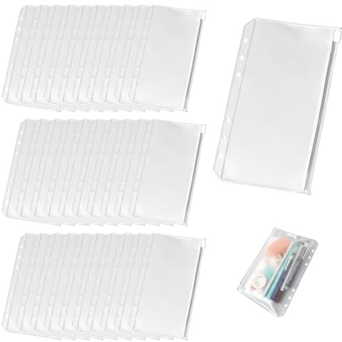 30 Stück Klarsichthüllen A6,Wasserdicht A6 Binder,PVC 6-Loch Reißverschluss Ordner,Budget Binder,Geld Budget Umschläge für Notebook-Planer Einlegeseiten Loseblattbeutel,Einlegeseiten Loseblattbeutel