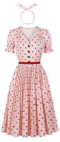 Wellwits Women's Ruffle Puff Sleeves Vintage Dress | Polka Dots,Pleated,Non-stretchy Fabric,with Matching Headband