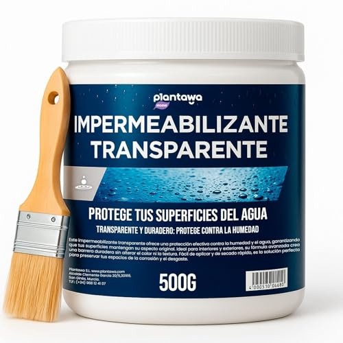 Plantawa Impermeabilizante Transparente 500g | Revestimiento impermeable definitivo, Genera Película Protectora, Resistente al Agua y Humedad, Revestimiento Impermeable para Interiores y Exteriores