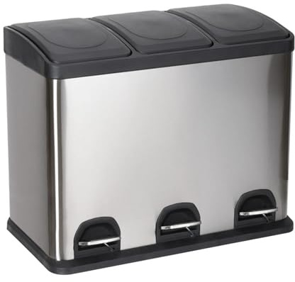 BURAKH Kitchen Bin, 45L Triple Recycling Bin Stainless Steel Pedal Waste Bin – 3x15L Kitchen Rubbish Separator with Removable Inner Buckets for Home & Office (Metallic Silver + Ink Black, 45L)