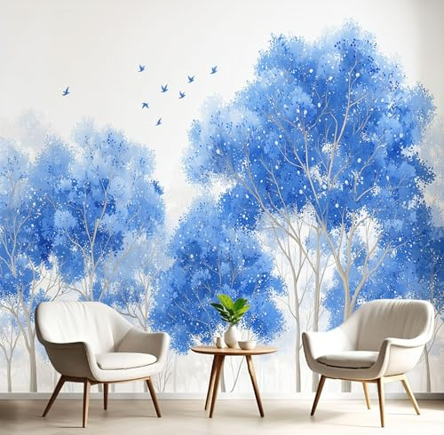 JEDTAKCT Papier Peint Panoramique Forêt Aquarelle 350X256Cm (Lxh) - Revêtement Mural Décoration Pour Chambre Salon Cuisine - 3D Peinture Murale Interieur Paysage Naturel - Bleu Royal