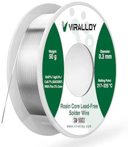 VIRALLOY Lead-Free Rosin Core Solder Wire – Sn97/Ag0.3/Cu0.7, Low Melt Electronic Solder for PCB & Electrical Work (0.3mm 50g – Precision Electronics)