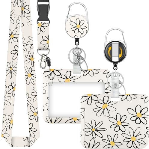 Uniclife Modischer Schiebe Ausweishalter Horizontaler Weiß Blume Kartenhalter Plastik Ausziehbar Schlüsselanhänger Abnehmbare Lanyard Strap geprägte Karte Schutz krankenschwester Frauen Lehrer