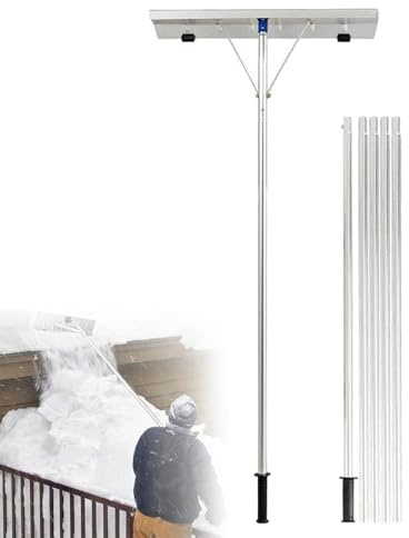 Rastrello da neve per tetti in alluminio, attrezzo per la rimozione della neve dal tetto con asta telescopica regolabile, pala per tetti con ruote e manico, montaggio senza attrezzi