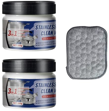 2 Pcs Stainless Steel Clean Wax,Stainless Steel Cleaner and Polish with Clean Cloth,Metal Polish Paste,Kitchen Multifunction Descaler