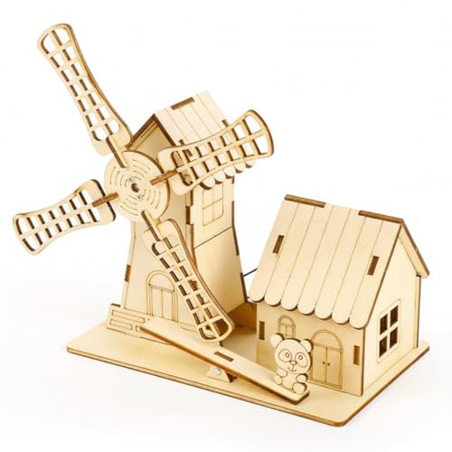 3d Wooden Puzzles For Kids Solar-powered Windmill Model House Building Kit Steam Educational Diy Craft With Panda Seesaw