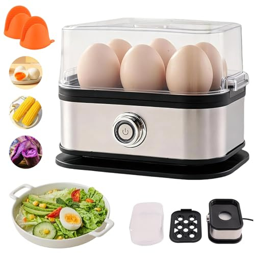 Cuociuova Multifunzione con Coperchio Trasparente in Acciaio Inox, Cuociuova Elettrico Rapido da 6 Uova, Bollitore per Uova Sode con Spegnimento Automatico (1 Pc)