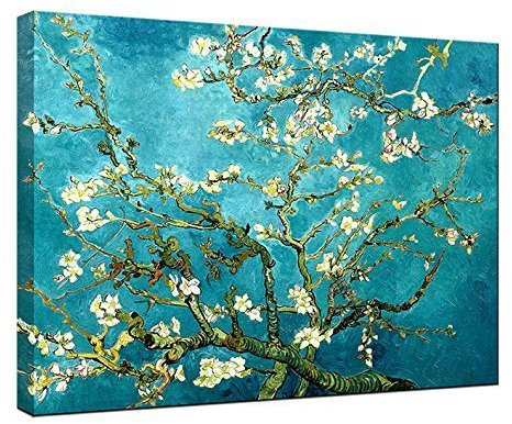 Wieco Art - Almond Blossom Modern Framed Floral Giclee Canvas Prints By Van Gogh Famous Oil Paintings Reproduction Flowers Pictures on Canvas Wall Art Ready to Hang for Bedroom Home Decorations