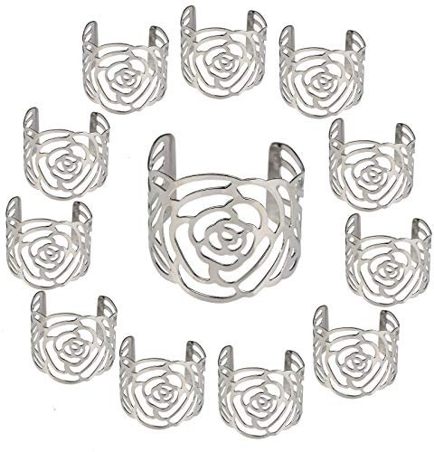KAKOO 12 Stück Serviettenringe Set, Metal Rose Morderne Serviettenhalter für Hochzeit Geburtstag Weihnachten Taufe Tisch Dekoration (Silber)