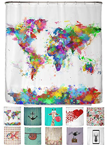 arteneur® - Weltkarte - Anti-Schimmel Duschvorhang 180x200 - Recycelt mit Öko-Tex Standard 100 - Beschwerter Saum, Blickdicht, Wasserdicht, Waschbar, 12 Ringe & E-Book mit Reinigungs-Tipps