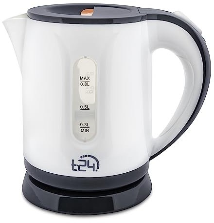 T24 Mini Wasserkocher 0,8 Liter kabellos 1100 Watt Reisewasserkocher Camping mit automatische Abschaltung und Sicherheitklappdeckel