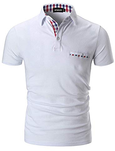 APAELEA Men's Polos Short Sleeve Contrasting Colour T-Shirts Sports Golf Shirts,White,M