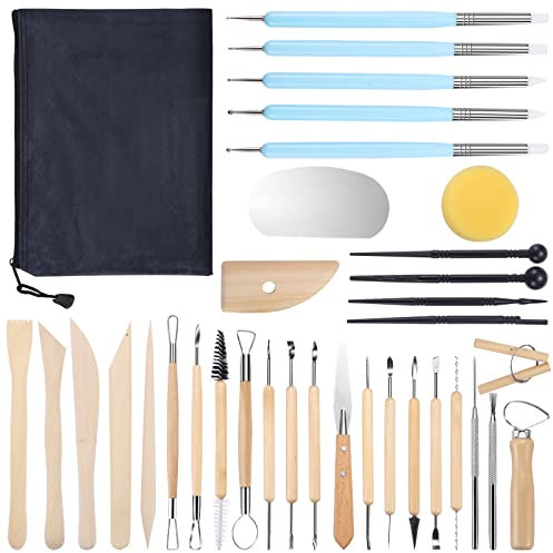 JOSPL 34 Stücke Töpferwerkzeug Set Modellierwerkzeug Sculpting Werkzeug Clay Werkzeug doppelseitige Ton-Werkzeuge für töpferwerkzeug Kinder Profi,Clay Keramik Sculpting für Ton,Weihnachten Geschenke