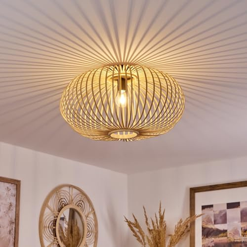 HOFSTEIN Deckenleuchte Oravi, Deckenlampe aus Metall/Holz/Bambus in Schwarz/Natur, Leuchte im Boho/skandinavischen-Design mit tollem Lichteffekt, Ø 50 cm, E27, Wohnzimmer, Esszimmer, Schlafzimmer